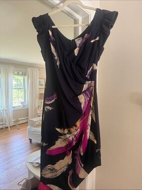 Yoana Baraschi Navy Blue Midi Dress with Fuchsia and Cream Feather Motif